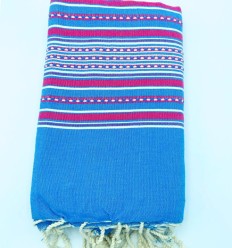 Jeté arabesque bleu azur rayée rose fuchsia