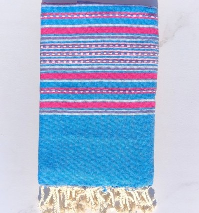 Grande fouta arabesque bleu azur et rose fuchsia