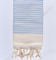 fouta nid d'abeille zebre blanc crème rayée bleu clair