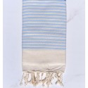 fouta nid d'abeille zebre blanc crème rayée bleu clair