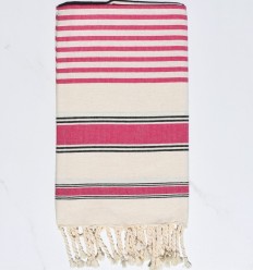 Fouta blanc crème, rose fuchsia et noir
