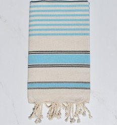 Fouta blanc crème, bleu céleste et noir