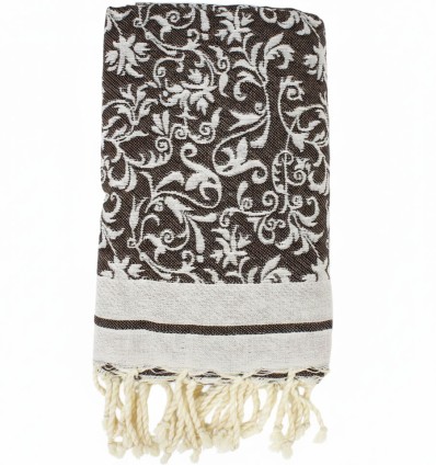 Fouta Jacquard Marron Motifs Floraux – Élégante & Absorbante