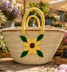 Panier artisanal motif fleur jaune 2