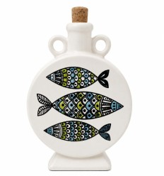 Flacon en céramique artisanal fait main, décoré avec des motifs poissons
