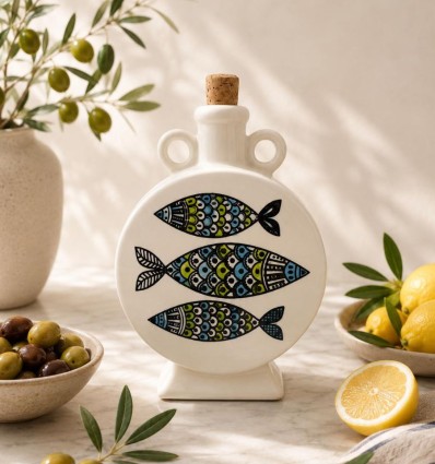 Flacon en céramique artisanal fait main, décoré avec des motifs poissons