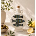 Flacon en céramique artisanal fait main, décoré avec des motifs poissons