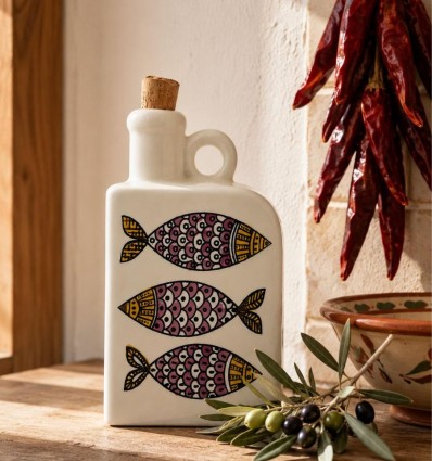 Flacon céramique artisanal avec motifs poissons