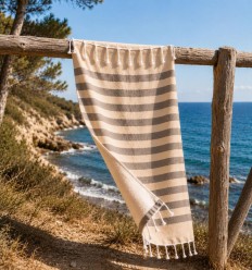 Fouta beige e tortora a righe con spugna