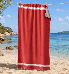 Fouta rouge foncé doublée éponge gris
