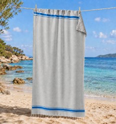 Fouta gris bandes bleu doublée éponge grise