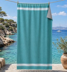 Fouta vert sarcelle doublée éponge grise