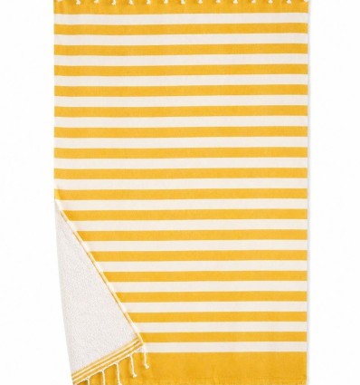 Fouta doublée éponge jaune à rayures blanches