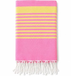 Toalla fouta Arthur rosa flúor y amarilla con rizo 2