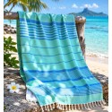Fouta Arthur verde-água com riscas azuis e felpo