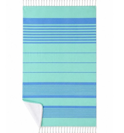 Fouta Arthur verde-água com riscas azuis e felpo