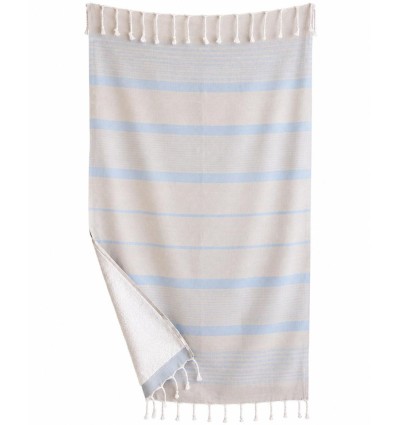Fouta Arthur cinzenta com riscas azul-claro e felpa