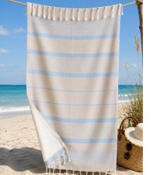 Fouta éponge Arthur gris rayé bleu ciel