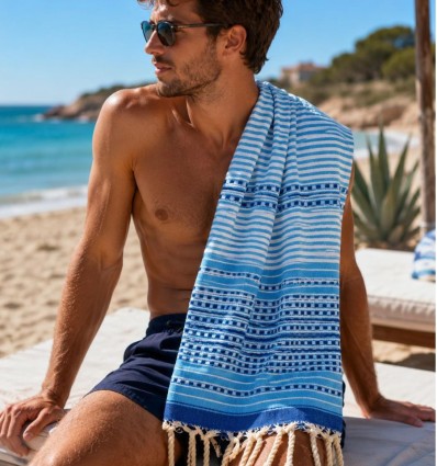 Fouta arabesque bleu marine et bleu ciel