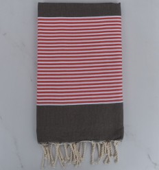 Fouta plate taupe foncé rayée rouge anglais et blanc - FOUTA TUNISIA