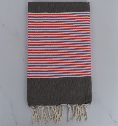 Fouta plate taupe foncé rayée rouge anglais et blanc - FOUTA TUNISIA