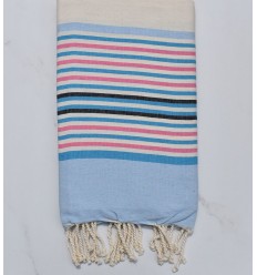 Fouta blanc crème, bleu charrette, bleu, rose et noir