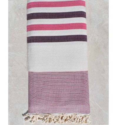 Colcha tecelagem branco cru, rosa e berinjela roxa