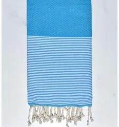 Fouta nid d'abeille bleu azur rayée blanc