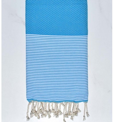 Fouta nid d'abeille bleu azur rayée blanc