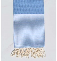 Fouta nid d'abeille bleu clair avec rayures