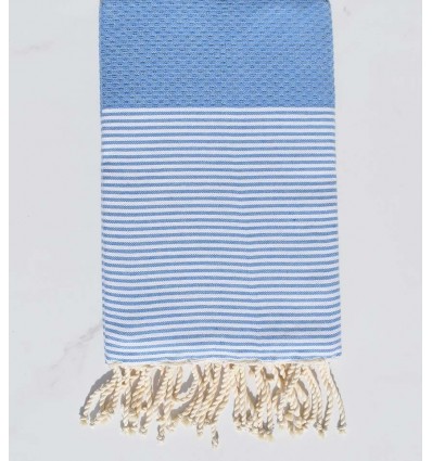 Fouta nid d'abeille bleu clair avec rayures